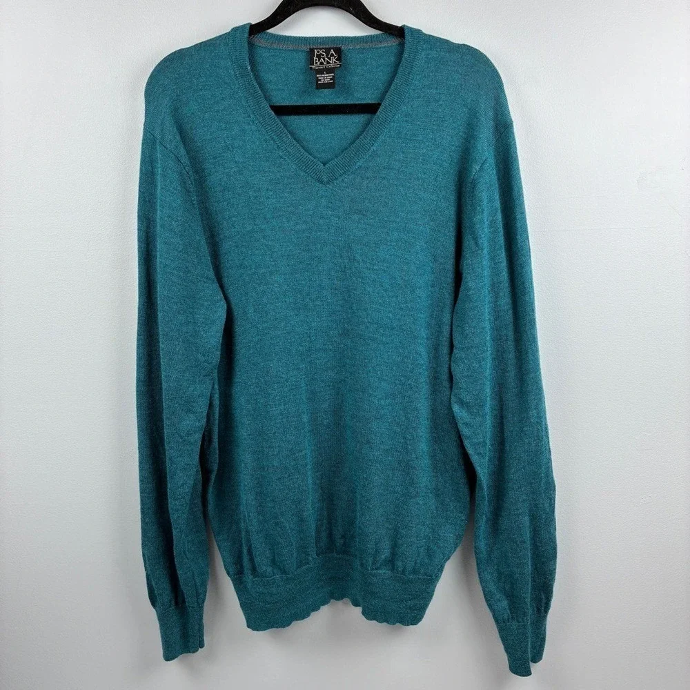 Jos A Bank Mens V-Neck Sweater L Merino Wool Teal Blue Green Traveler Collection
